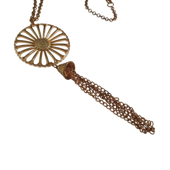 Vintage Goldtone Flower Pendant Necklace Chain Tassel Lobster Clasp 28 In Length - Picture 4 of 6